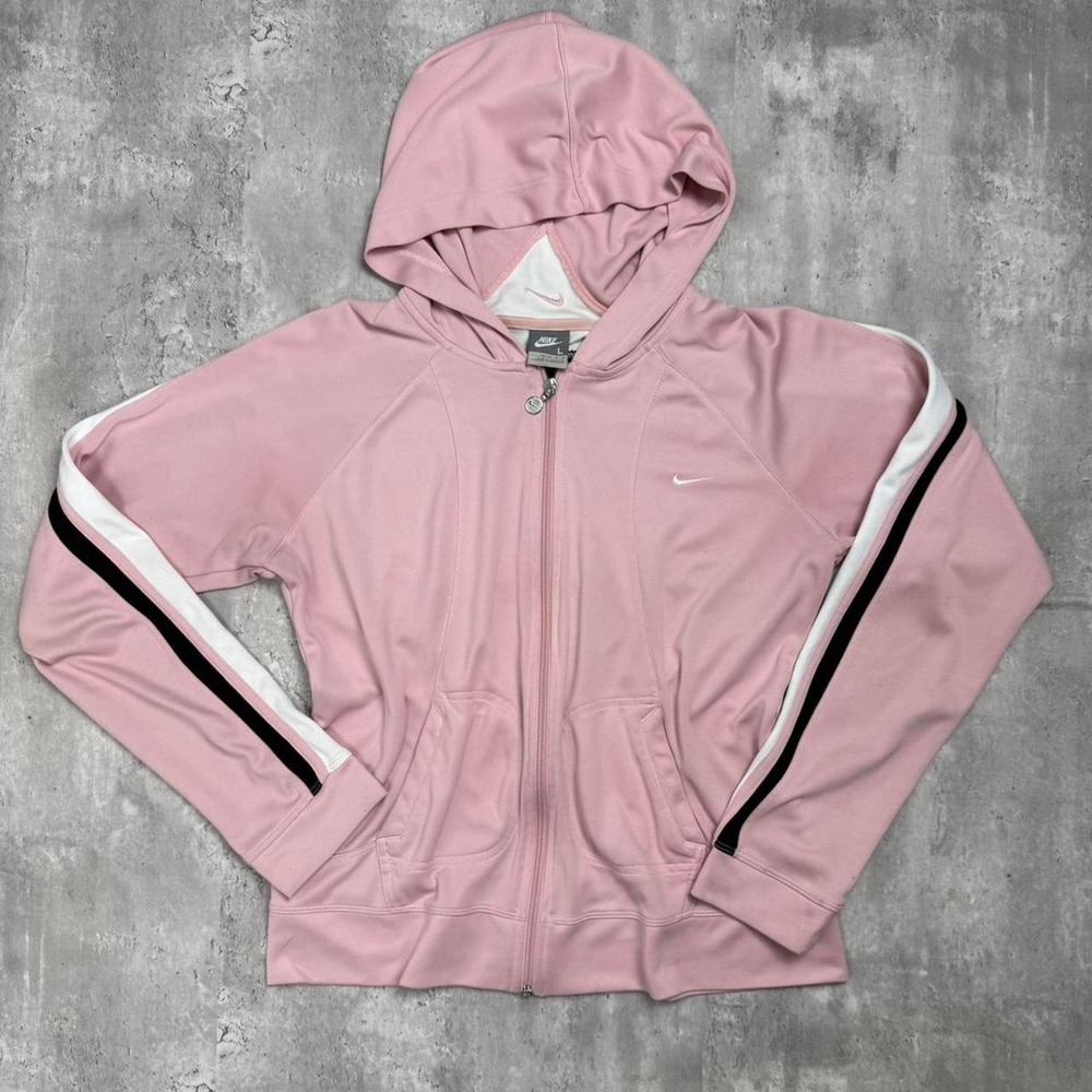 Vintage Nike Pink Zip Up Hoodie Women Large Y2K Track Jacket Stripe Sleeve